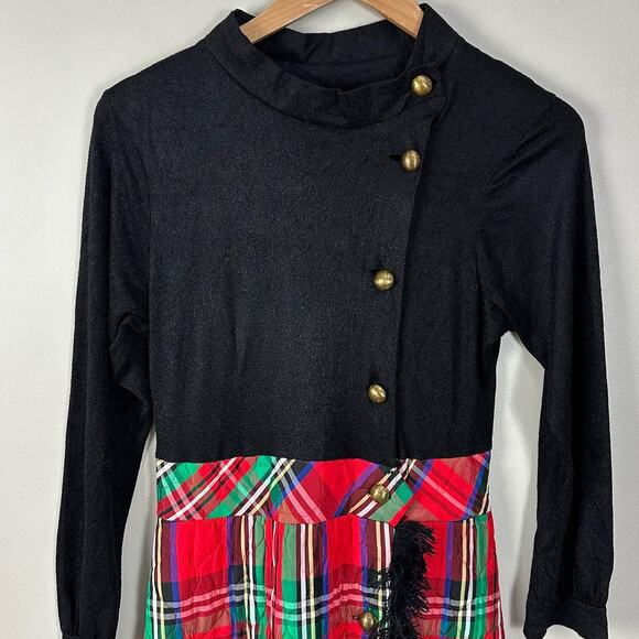 Vintage 60s 70s Maxi Dress Red Quilted Tartan Plaid Black Long Sleeve Christmas - Picture 2 of 12